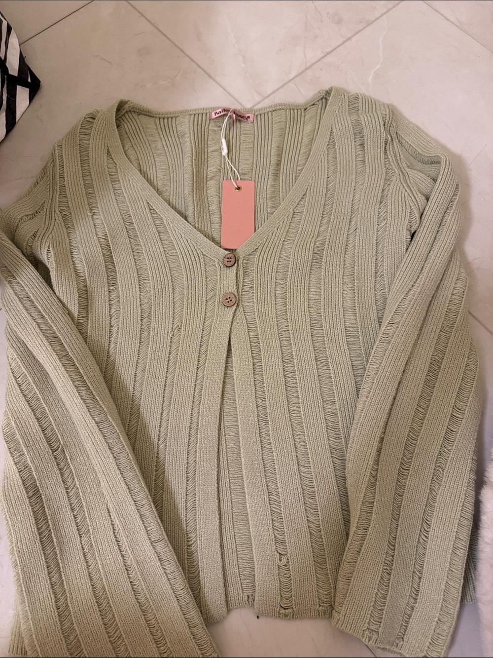 Ribbed V-Neck Button-Front Sweater - Light Sage